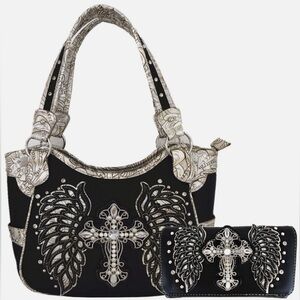 Western Cross Laser Cut Wing Country Handbag Purse Women Shoulder Bag Wallet Set